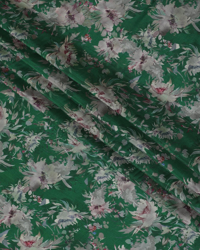 Emerald Flora Viscose Crepe Fabric - Lush Floral Print on Green, 110cm Width (India)  - D17653