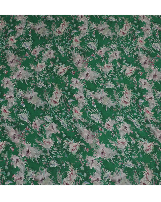 Emerald Flora Viscose Crepe Fabric - Lush Floral Print on Green, 110cm Width (India)  - D17653