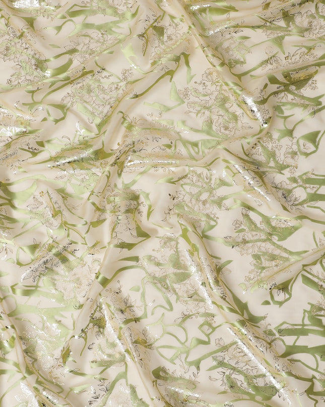 قماش شيفون حرير اخضر ميتاليك - تصميم زهور انيق، مستورد من كوريا الجنوبية، عرض 110 سم - D17657