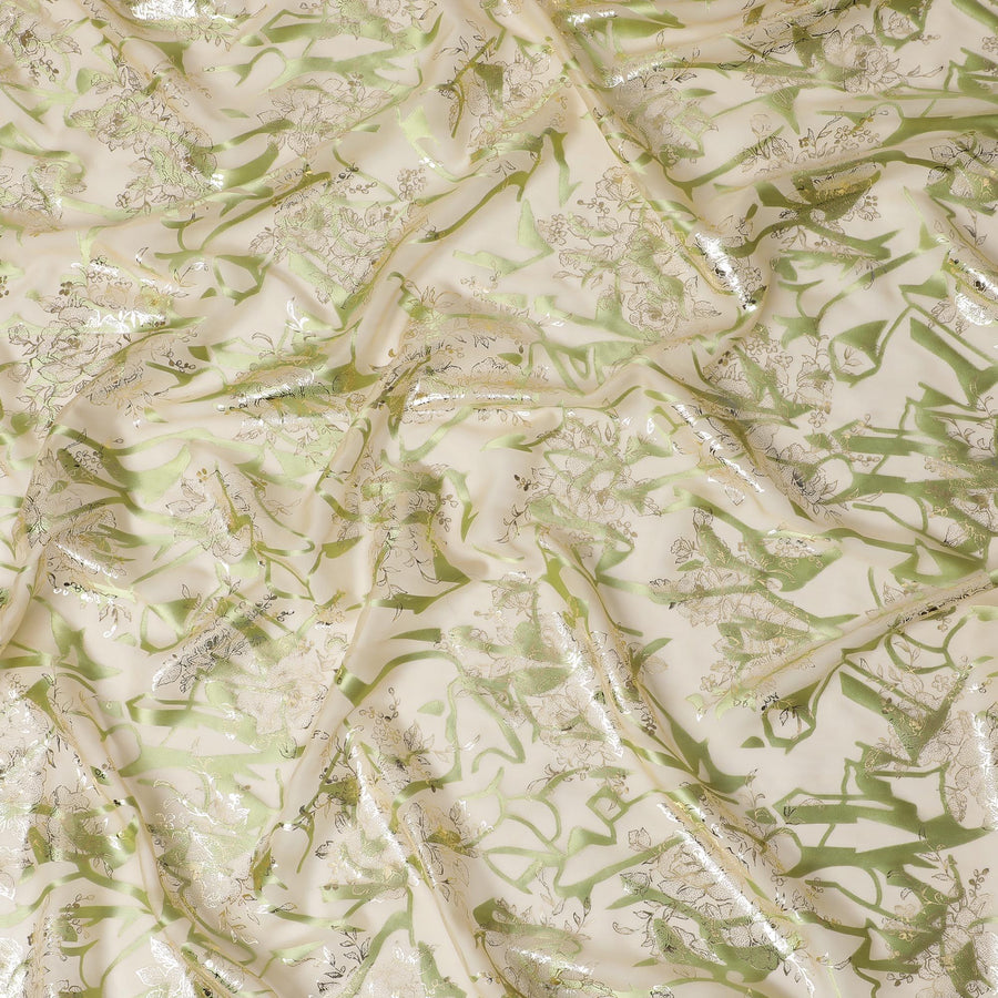 Green Silk Chiffon Metallic Fabric - Elegant Floral Design, Imported from South Korea, 110 cm Width  - D17657
