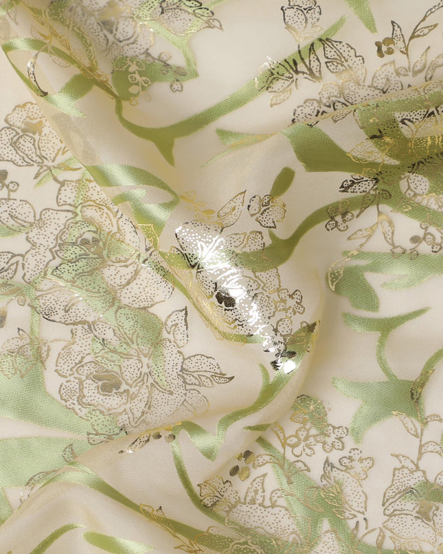 قماش شيفون حرير اخضر ميتاليك - تصميم زهور انيق، مستورد من كوريا الجنوبية، عرض 110 سم - D17657
