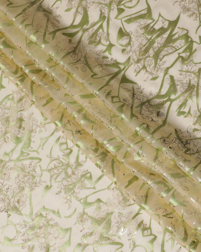قماش شيفون حرير اخضر ميتاليك - تصميم زهور انيق، مستورد من كوريا الجنوبية، عرض 110 سم - D17657