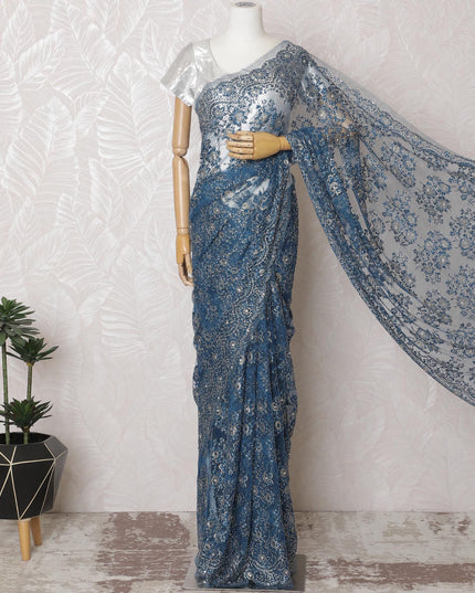 Luxurious Sapphire Blue Metallic French Lace Saree, 110cm, Stone Embellished - No Blouse-D17799 Regal Fabrics