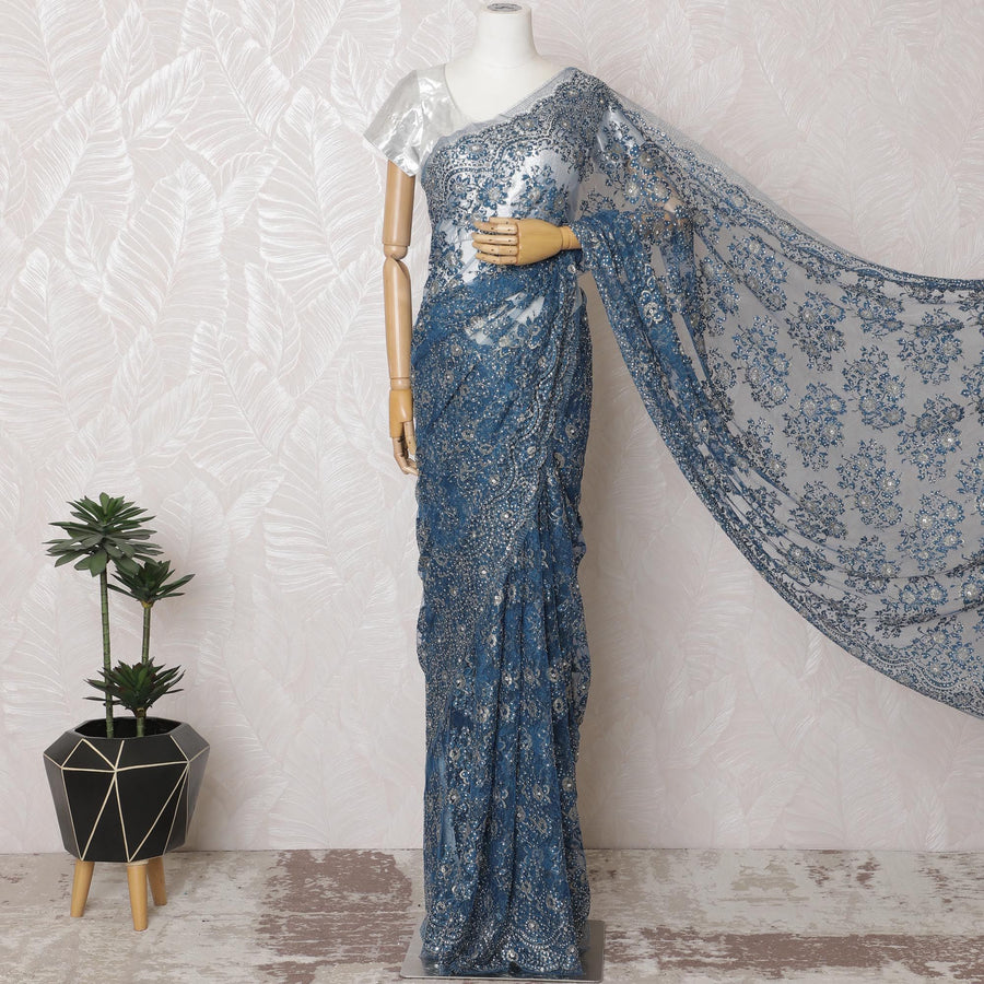 Luxurious Sapphire Blue Metallic French Lace Saree, 110cm, Stone Embellished - No Blouse-D17799 Regal Fabrics