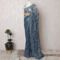 Luxurious Sapphire Blue Metallic French Lace Saree, 110cm, Stone Embellished - No Blouse-D17799 Regal Fabrics
