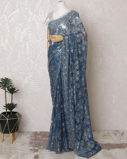 Luxurious Sapphire Blue Metallic French Lace Saree, 110cm, Stone Embellished - No Blouse-D17799 Regal Fabrics