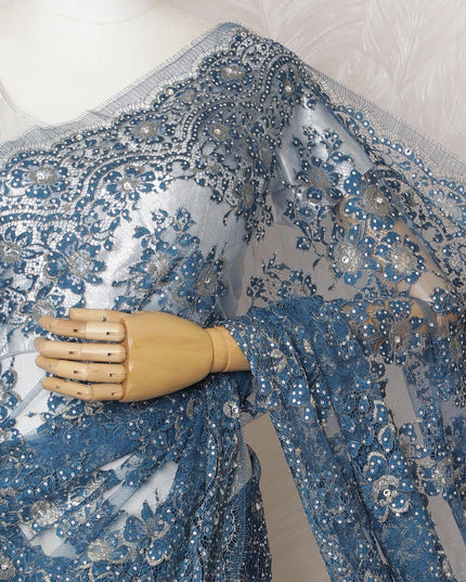 Luxurious Sapphire Blue Metallic French Lace Saree, 110cm, Stone Embellished - No Blouse-D17799 Regal Fabrics