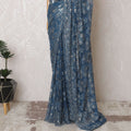 Luxurious Sapphire Blue Metallic French Lace Saree, 110cm, Stone Embellished - No Blouse-D17799 Regal Fabrics