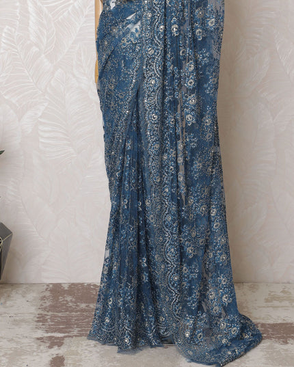 Luxurious Sapphire Blue Metallic French Lace Saree, 110cm, Stone Embellished - No Blouse-D17799 Regal Fabrics
