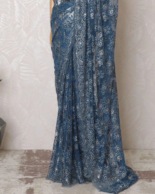 Luxurious Sapphire Blue Metallic French Lace Saree, 110cm, Stone Embellished - No Blouse-D17799 Regal Fabrics