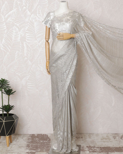Exquisite Silver French Metallic Lace Saree, Stone Work, 110cm Wide - Chic Elegance-D17800 Regal Fabrics