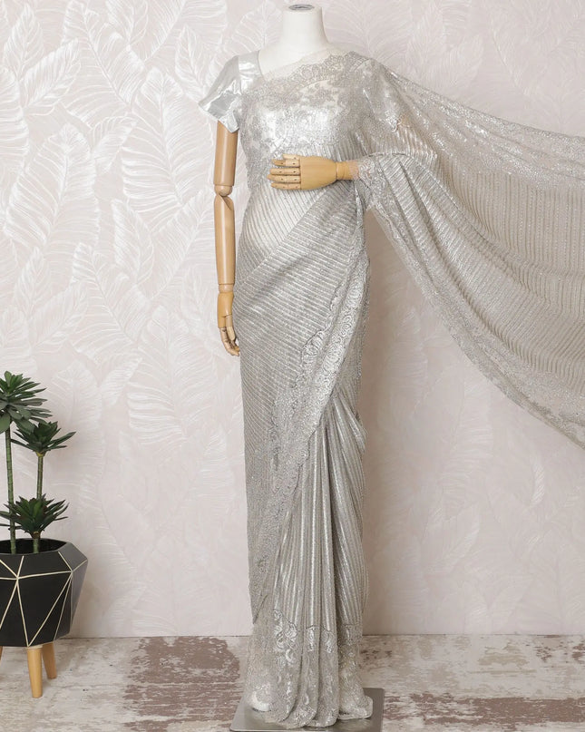 Exquisite Silver French Metallic Lace Saree, Stone Work, 110cm Wide - Chic Elegance-D17800 Regal Fabrics