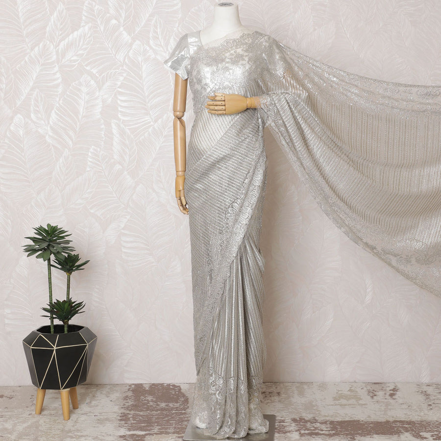 Exquisite Silver French Metallic Lace Saree, Stone Work, 110cm Wide - Chic Elegance-D17800 Regal Fabrics