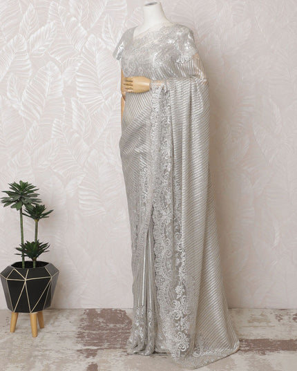 Exquisite Silver French Metallic Lace Saree, Stone Work, 110cm Wide - Chic Elegance-D17800 Regal Fabrics
