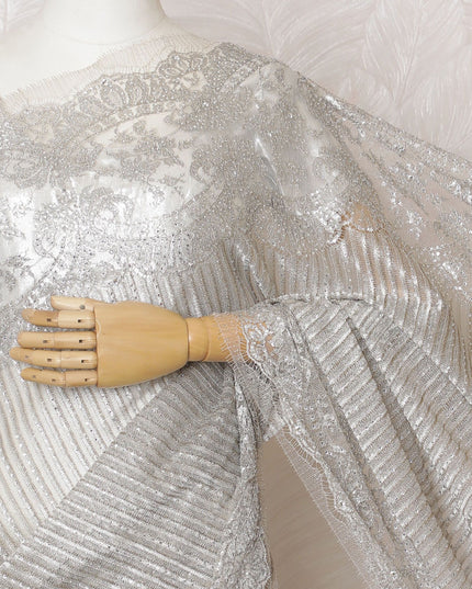 Exquisite Silver French Metallic Lace Saree, Stone Work, 110cm Wide - Chic Elegance-D17800 Regal Fabrics