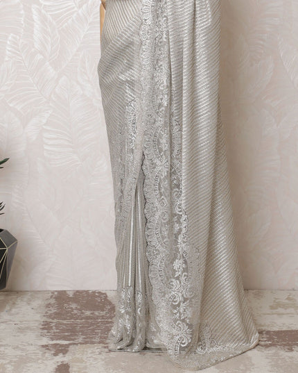 Exquisite Silver French Metallic Lace Saree, Stone Work, 110cm Wide - Chic Elegance-D17800 Regal Fabrics