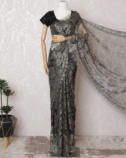 ساري من الدانتيل الفرنسي المعدني الفحمي، 110 سم، زخارف حجرية رائعة - بدون بلوزة-D17802