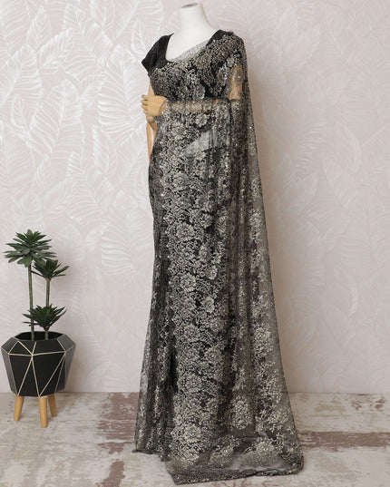 ساري من الدانتيل الفرنسي المعدني الفحمي، 110 سم، زخارف حجرية رائعة - بدون بلوزة-D17802