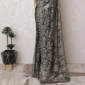 ساري من الدانتيل الفرنسي المعدني الفحمي، 110 سم، زخارف حجرية رائعة - بدون بلوزة-D17802