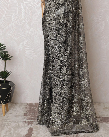 ساري من الدانتيل الفرنسي المعدني الفحمي، 110 سم، زخارف حجرية رائعة - بدون بلوزة-D17802