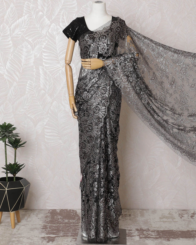 Jet Black French Metallic Lace Saree, 110cm, Luxe Stone Adornments - Sophisticated Style-D17803