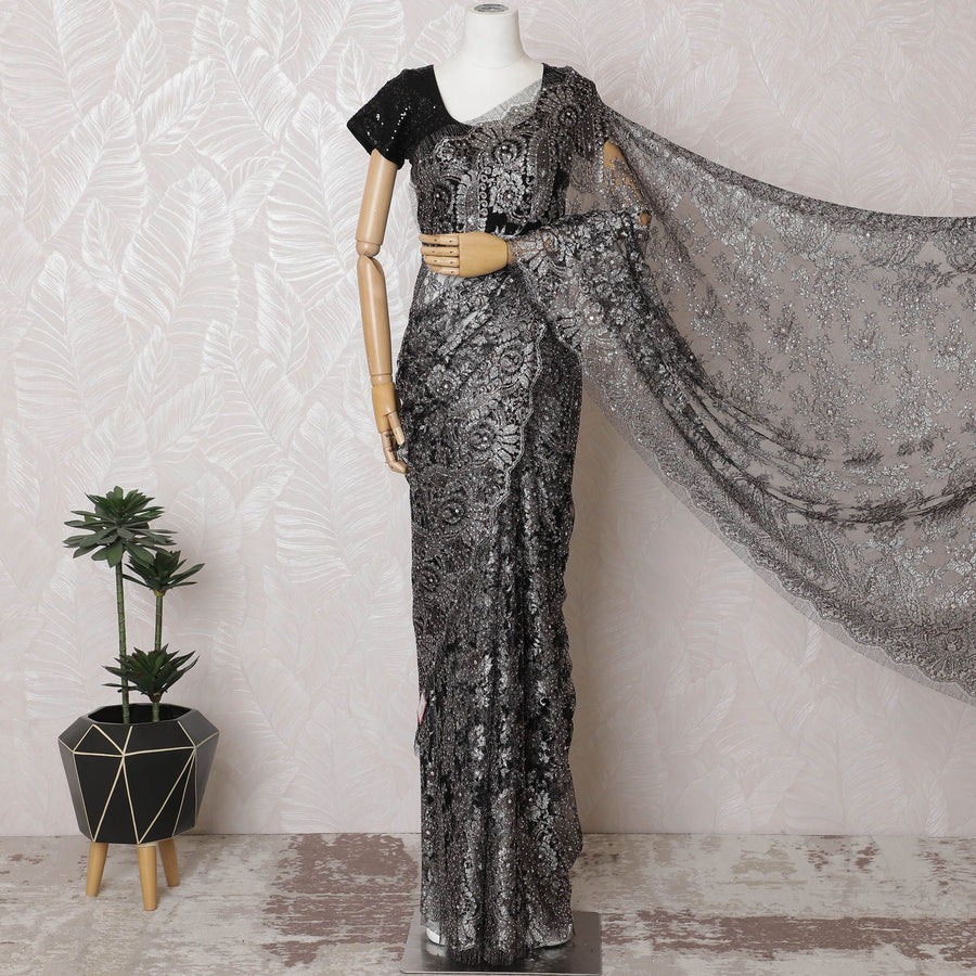 ساري من الدانتيل الفرنسي المعدني باللون الأسود الداكن، 110 سم، زخارف حجرية فاخرة - طراز متطور-D17803