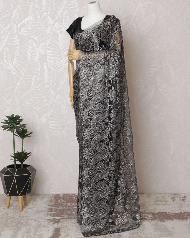 Jet Black French Metallic Lace Saree, 110cm, Luxe Stone Adornments - Sophisticated Style-D17803
