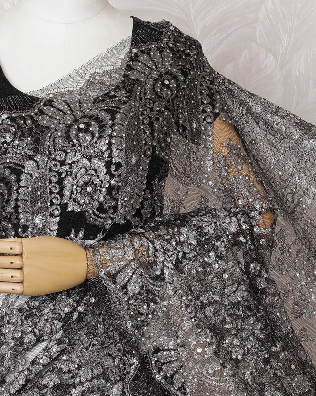 Jet Black French Metallic Lace Saree, 110cm, Luxe Stone Adornments - Sophisticated Style-D17803