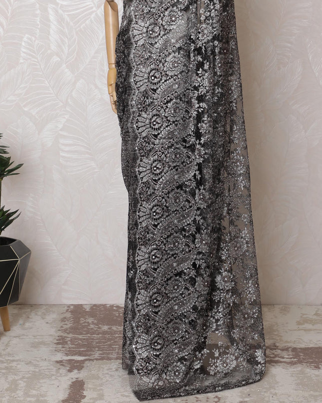 Jet Black French Metallic Lace Saree, 110cm, Luxe Stone Adornments - Sophisticated Style-D17803
