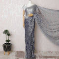 Glistening Silver & Blue French Metallic Lace Saree, 110cm - Elegant Stone Detailing-D17804 Regal Fabrics