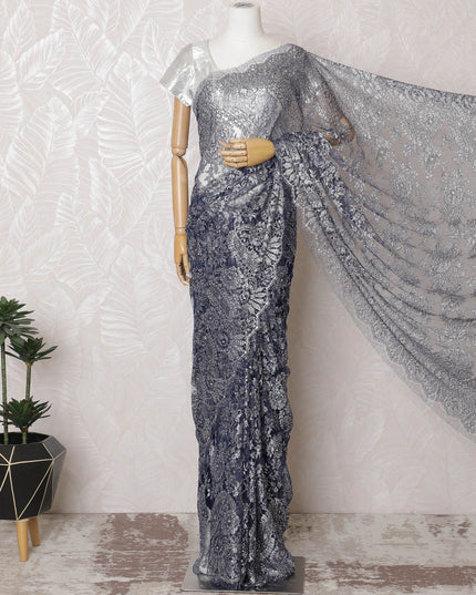 Glistening Silver & Blue French Metallic Lace Saree, 110cm - Elegant Stone Detailing-D17804 Regal Fabrics