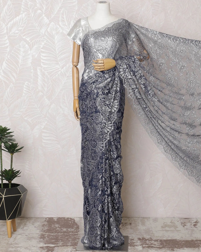Glistening Silver & Blue French Metallic Lace Saree, 110cm - Elegant Stone Detailing-D17804 Regal Fabrics