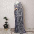Glistening Silver & Blue French Metallic Lace Saree, 110cm - Elegant Stone Detailing-D17804 Regal Fabrics