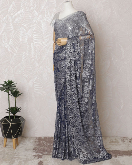 Glistening Silver & Blue French Metallic Lace Saree, 110cm - Elegant Stone Detailing-D17804 Regal Fabrics