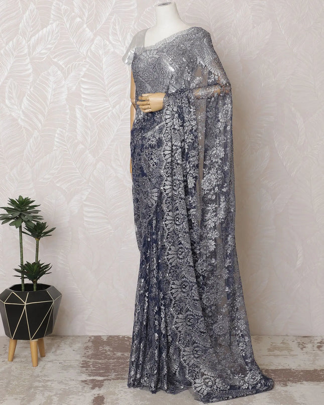 Glistening Silver & Blue French Metallic Lace Saree, 110cm - Elegant Stone Detailing-D17804 Regal Fabrics