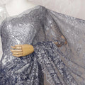 Glistening Silver & Blue French Metallic Lace Saree, 110cm - Elegant Stone Detailing-D17804 Regal Fabrics
