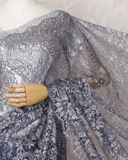 Glistening Silver & Blue French Metallic Lace Saree, 110cm - Elegant Stone Detailing-D17804 Regal Fabrics
