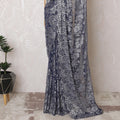 Glistening Silver & Blue French Metallic Lace Saree, 110cm - Elegant Stone Detailing-D17804 Regal Fabrics