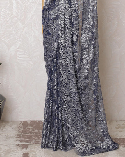 Glistening Silver & Blue French Metallic Lace Saree, 110cm - Elegant Stone Detailing-D17804 Regal Fabrics