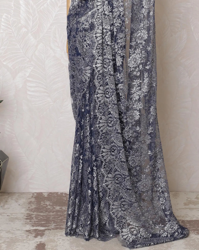 Glistening Silver & Blue French Metallic Lace Saree, 110cm - Elegant Stone Detailing-D17804 Regal Fabrics