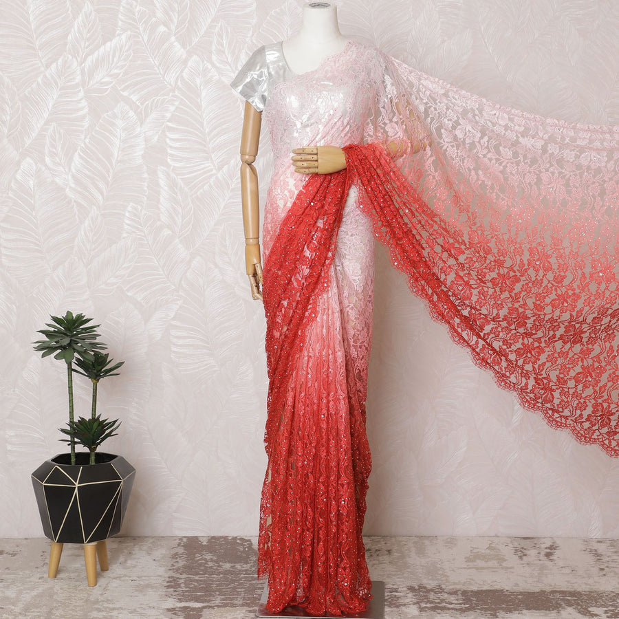 Romantic Blush & Coral French Lace Saree, 110cm, Glimmering Stone Highlights - No Blouse-D17806