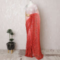 Romantic Blush & Coral French Lace Saree, 110cm, Glimmering Stone Highlights - No Blouse-D17806