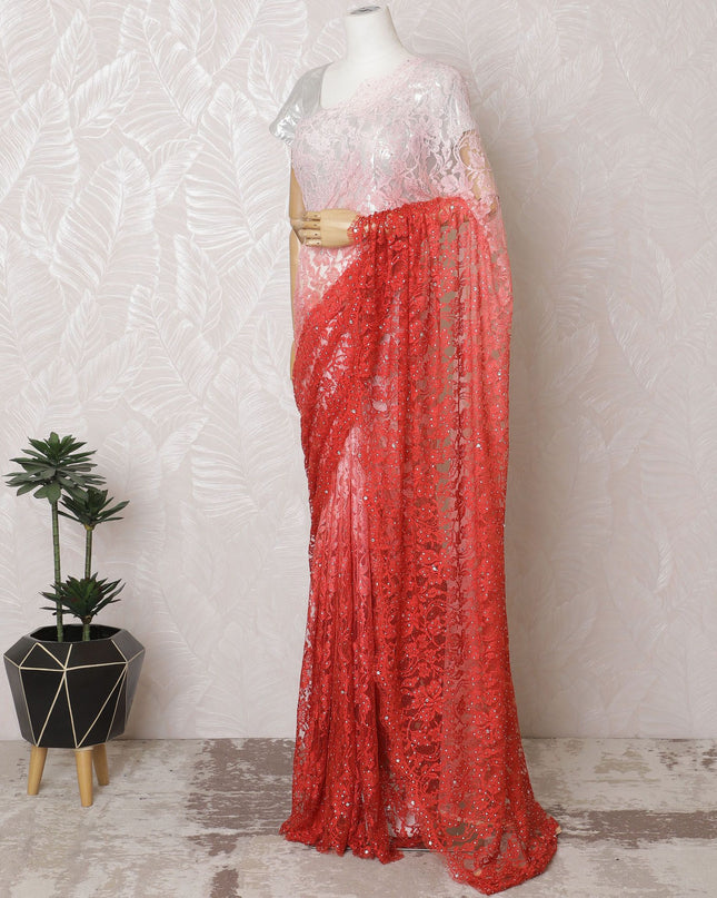 Romantic Blush & Coral French Lace Saree, 110cm, Glimmering Stone Highlights - No Blouse-D17806