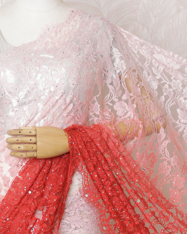 Romantic Blush & Coral French Lace Saree, 110cm, Glimmering Stone Highlights - No Blouse-D17806