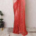 Romantic Blush & Coral French Lace Saree, 110cm, Glimmering Stone Highlights - No Blouse-D17806