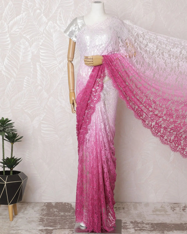 French ombre Lace Saree in Pink with Intricate Embellishments - 110 cm Width, 5.5 m Length-D17807 Regal Fabrics