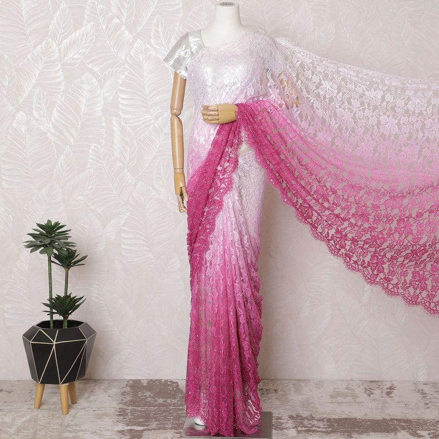 French ombre Lace Saree in Pink with Intricate Embellishments - 110 cm Width, 5.5 m Length-D17807