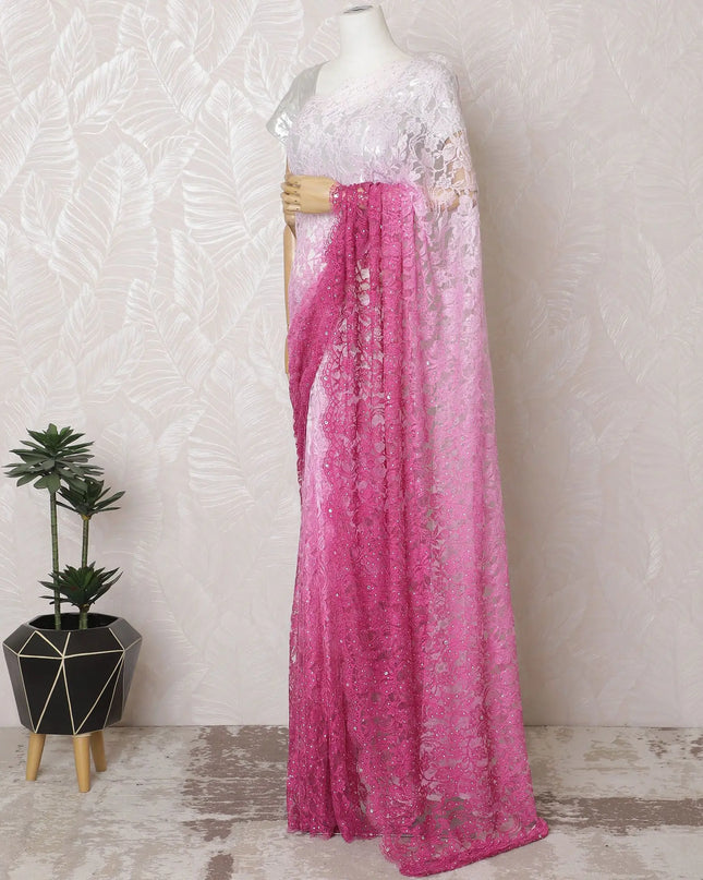 French ombre Lace Saree in Pink with Intricate Embellishments - 110 cm Width, 5.5 m Length-D17807 Regal Fabrics