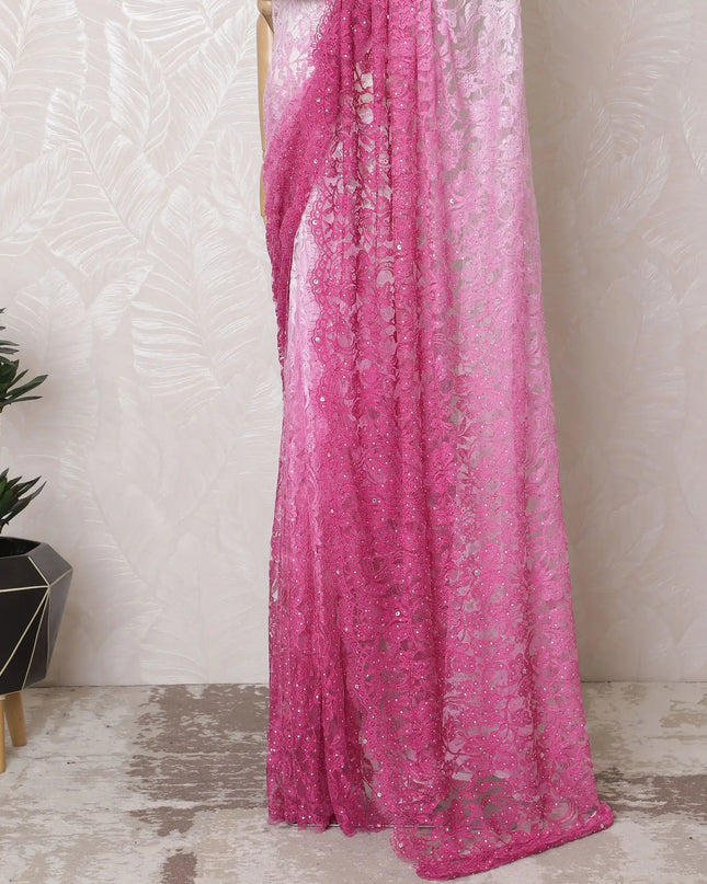 French ombre Lace Saree in Pink with Intricate Embellishments - 110 cm Width, 5.5 m Length-D17807 Regal Fabrics