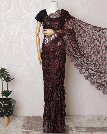 Elegant Maroon & Black French Lace Saree with Stone Work - 110cm Wide, 5.5m Length-D17808 Regal Fabrics